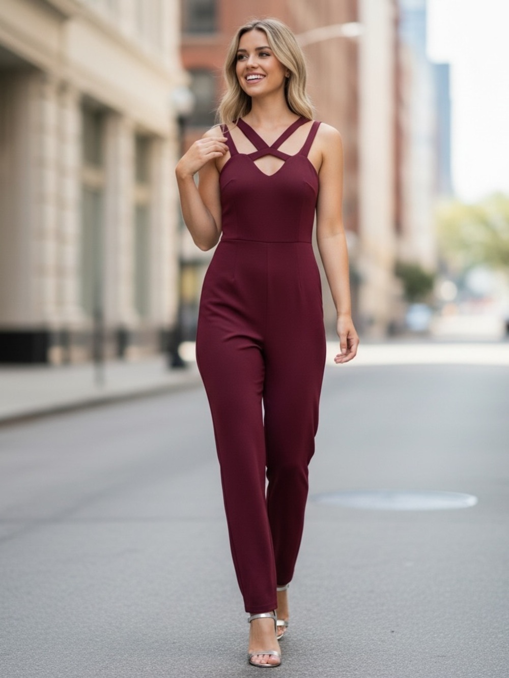 Express Sleeveless Crisscross Burgundy Jumpsuit